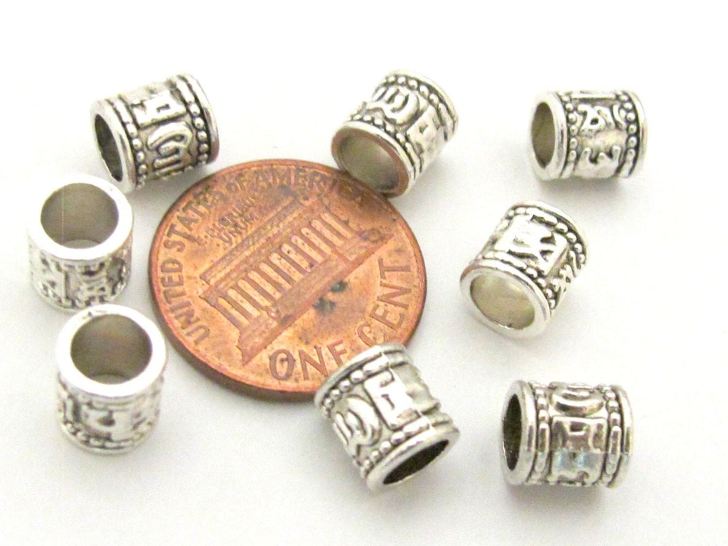 10 Beads - Tibetan om mantra silver tone plated wide hole spacer tube beads 7 mm x 7 mm - BD789
