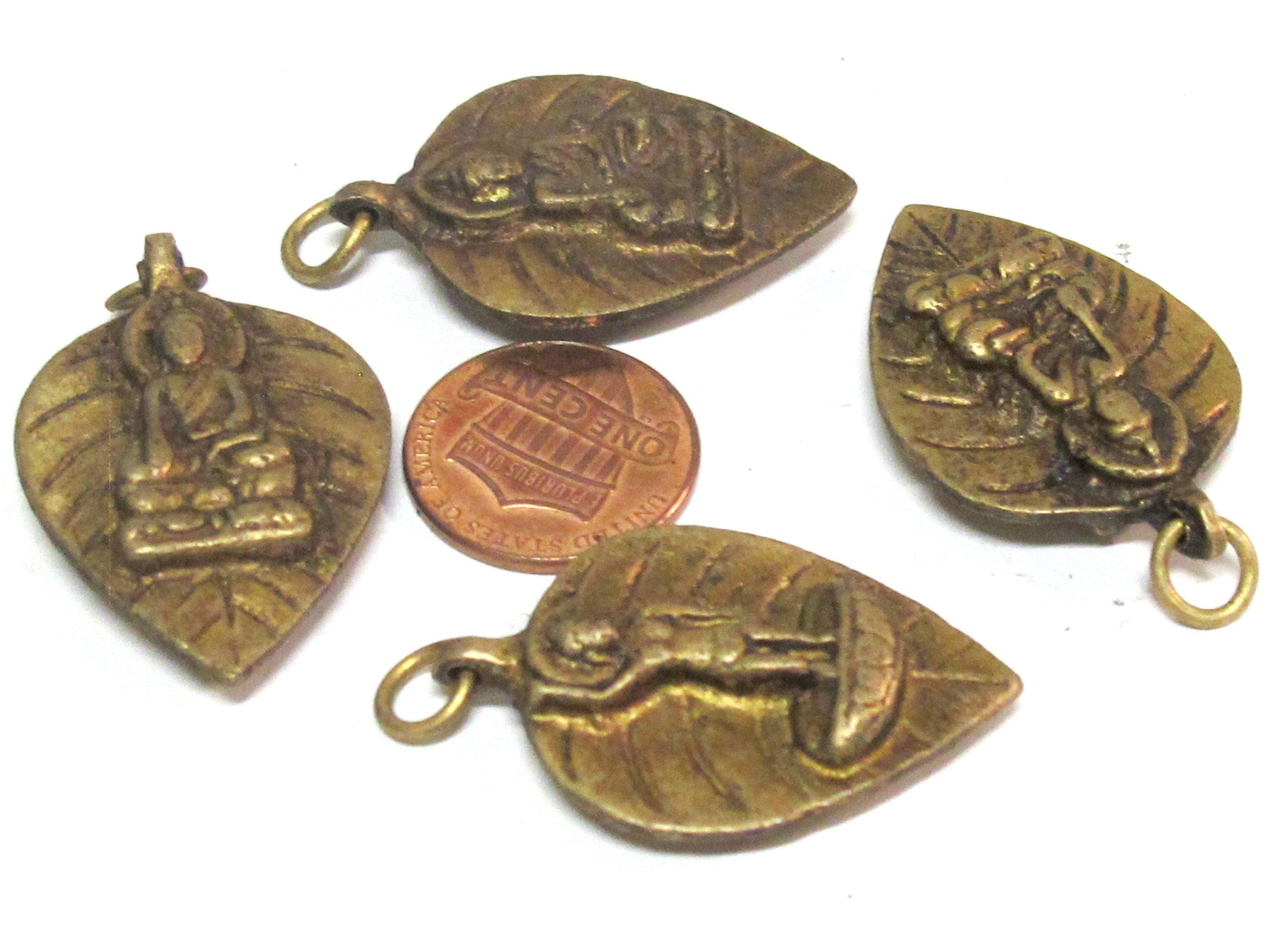 Reversible bodhi leaf shape standing Buddha and seated buddha Brass pendant from Nepal - CP068B