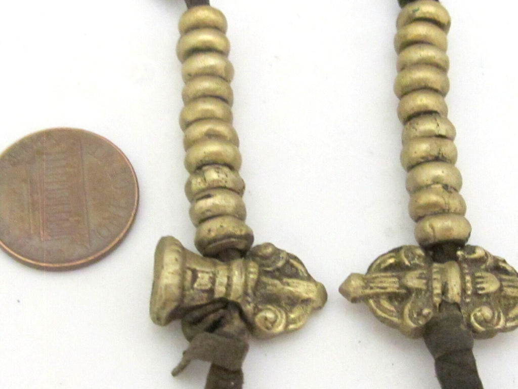 Tibetan antiqued brass vajra and bell on leather cord mala counter set - GB018