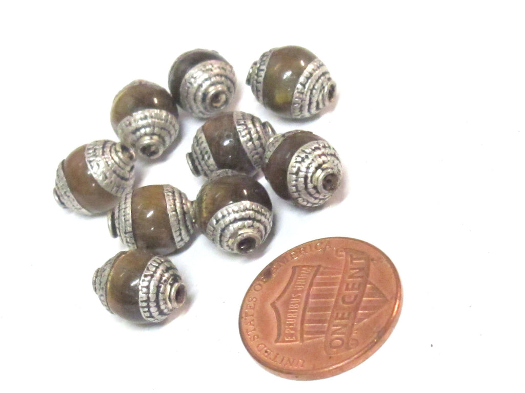 4 Beads - Tibetan capped beads Tibetan silver color capped tigers eye gemstone beads from Nepal 7 - 8 mm x 9 - 10 mm - BD779B