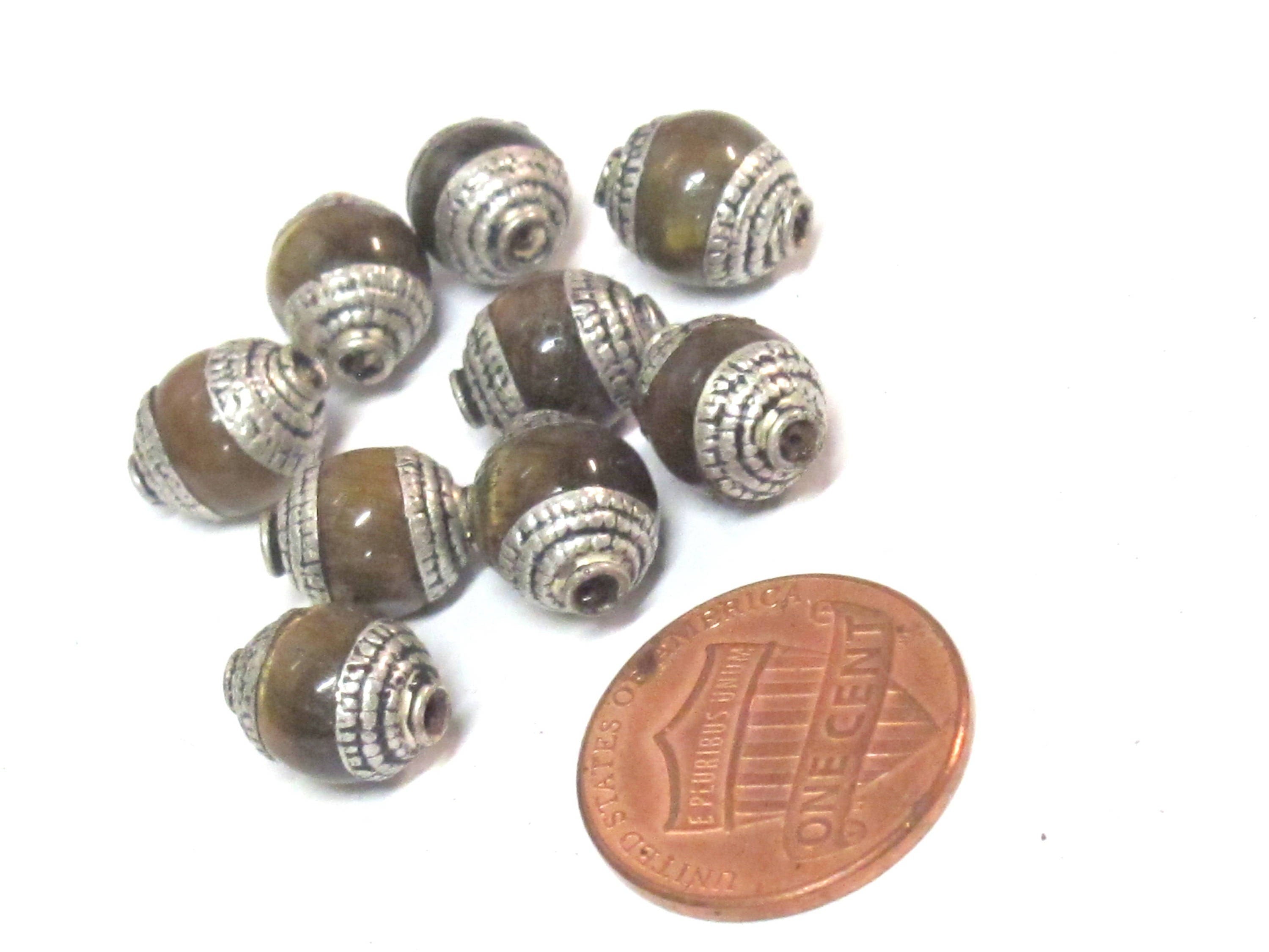 4 Beads - Tibetan capped beads Tibetan silver color capped tigers eye gemstone beads from Nepal 7 - 8 mm x 9 - 10 mm - BD779B