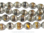 4 Beads - Tibetan capped beads Tibetan silver color capped tigers eye gemstone beads from Nepal 7 - 8 mm x 9 - 10 mm - BD779B