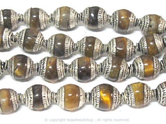 4 Beads - Tibetan capped beads Tibetan silver color capped tigers eye gemstone beads from Nepal 7 - 8 mm x 9 - 10 mm - BD779B