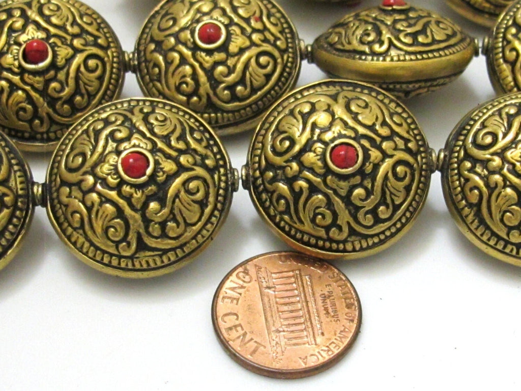 2 BEADs- Reversible Tibetan brass bead antiqued gold tone with floral repousse design - BD624C