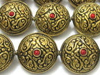 2 BEADs- Reversible Tibetan brass bead antiqued gold tone with floral repousse design - BD624C