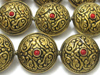 2 BEADs- Reversible Tibetan brass bead antiqued gold tone with floral repousse design - BD624C