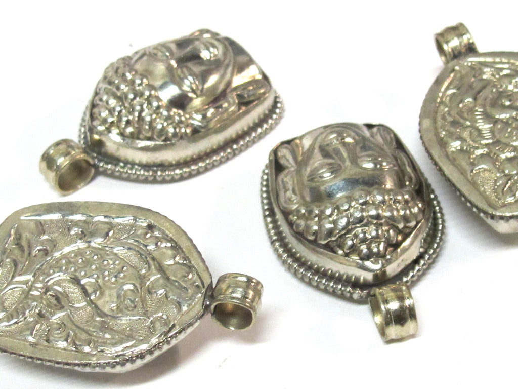 1 Pendant - Tibetan dual tone gold silver color Buddha face pendant with reverse side floral carving from Nepal - PM597B