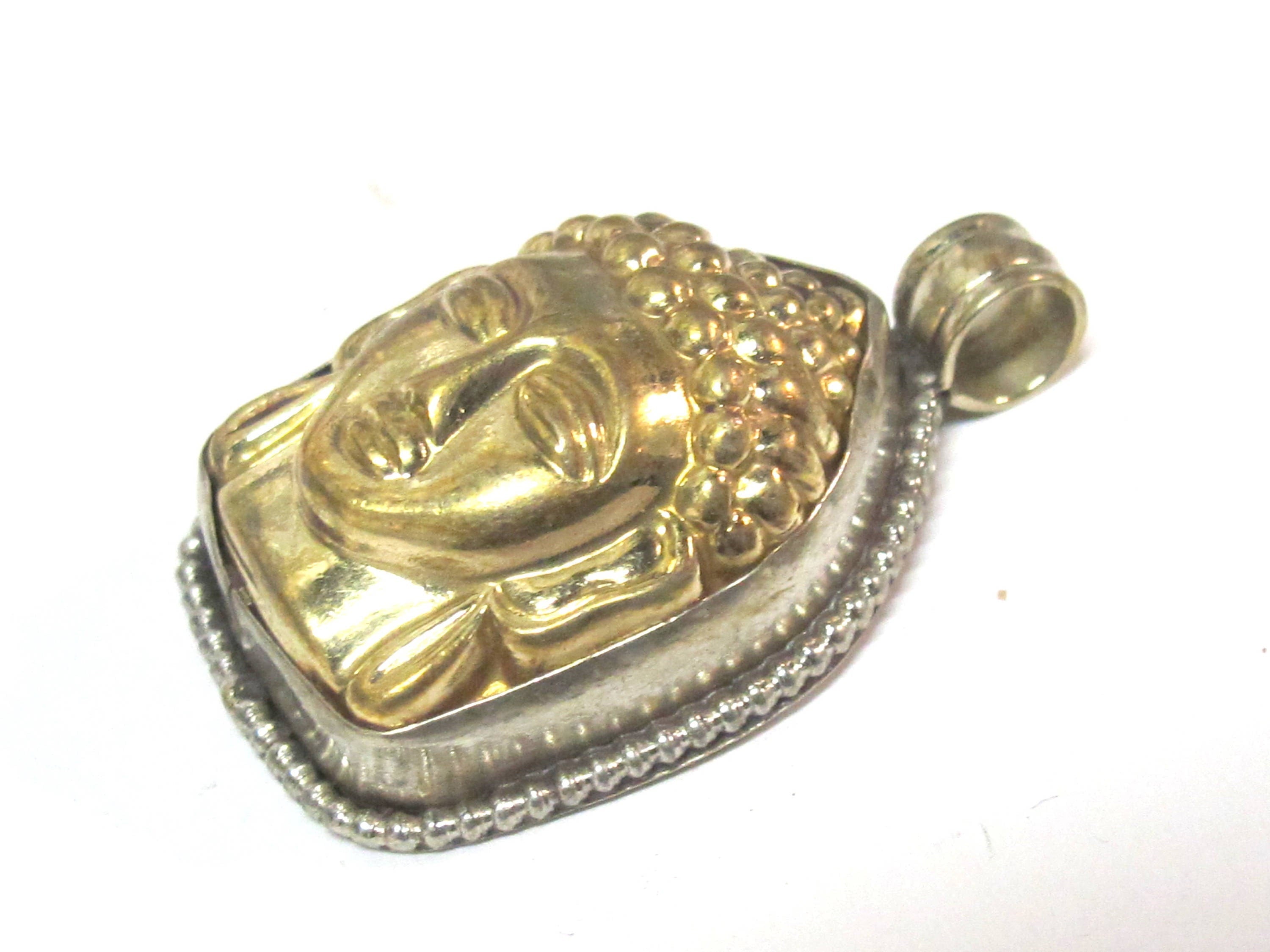1 Pendant - Tibetan dual tone gold silver color Buddha face pendant with reverse side floral carving from Nepal - PM597B