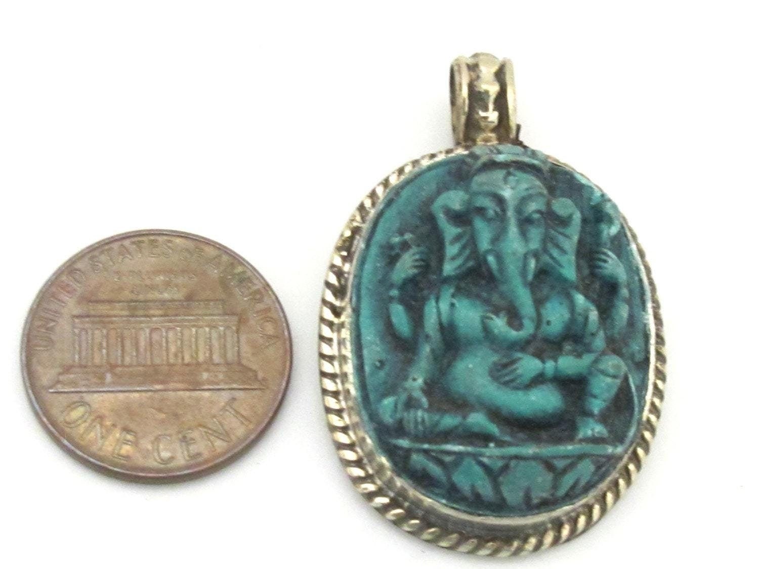 1 pendant - Ganesha pendants Ganesa - Oval shape Green Ganesha pendant - PS004B - Tibetan Nepal jewelry supply copyright Nepalbeadshop