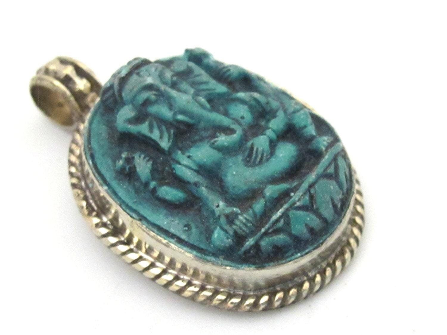 1 pendant - Ganesha pendants Ganesa - Oval shape Green Ganesha pendant - PS004B - Tibetan Nepal jewelry supply copyright Nepalbeadshop