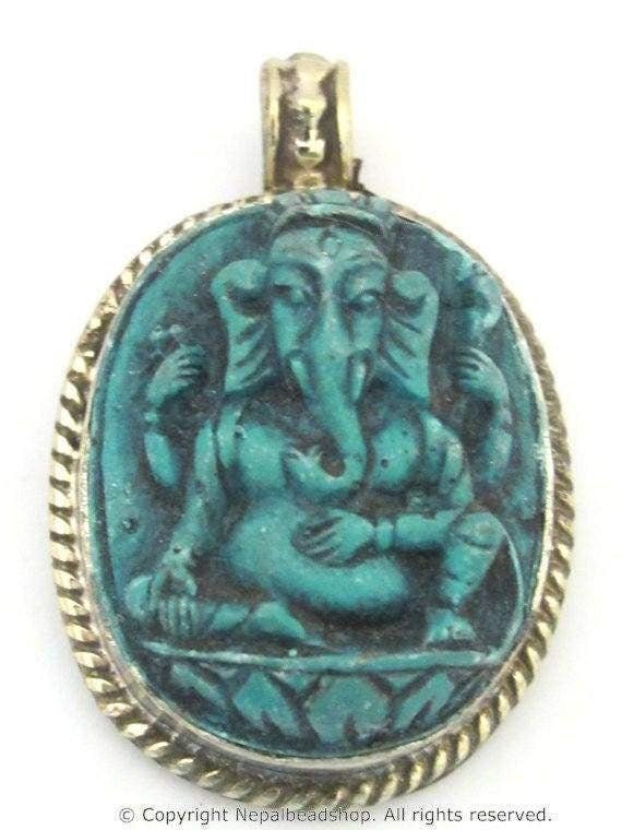 1 pendant - Ganesha pendants Ganesa - Oval shape Green Ganesha pendant - PS004B - Tibetan Nepal jewelry supply copyright Nepalbeadshop