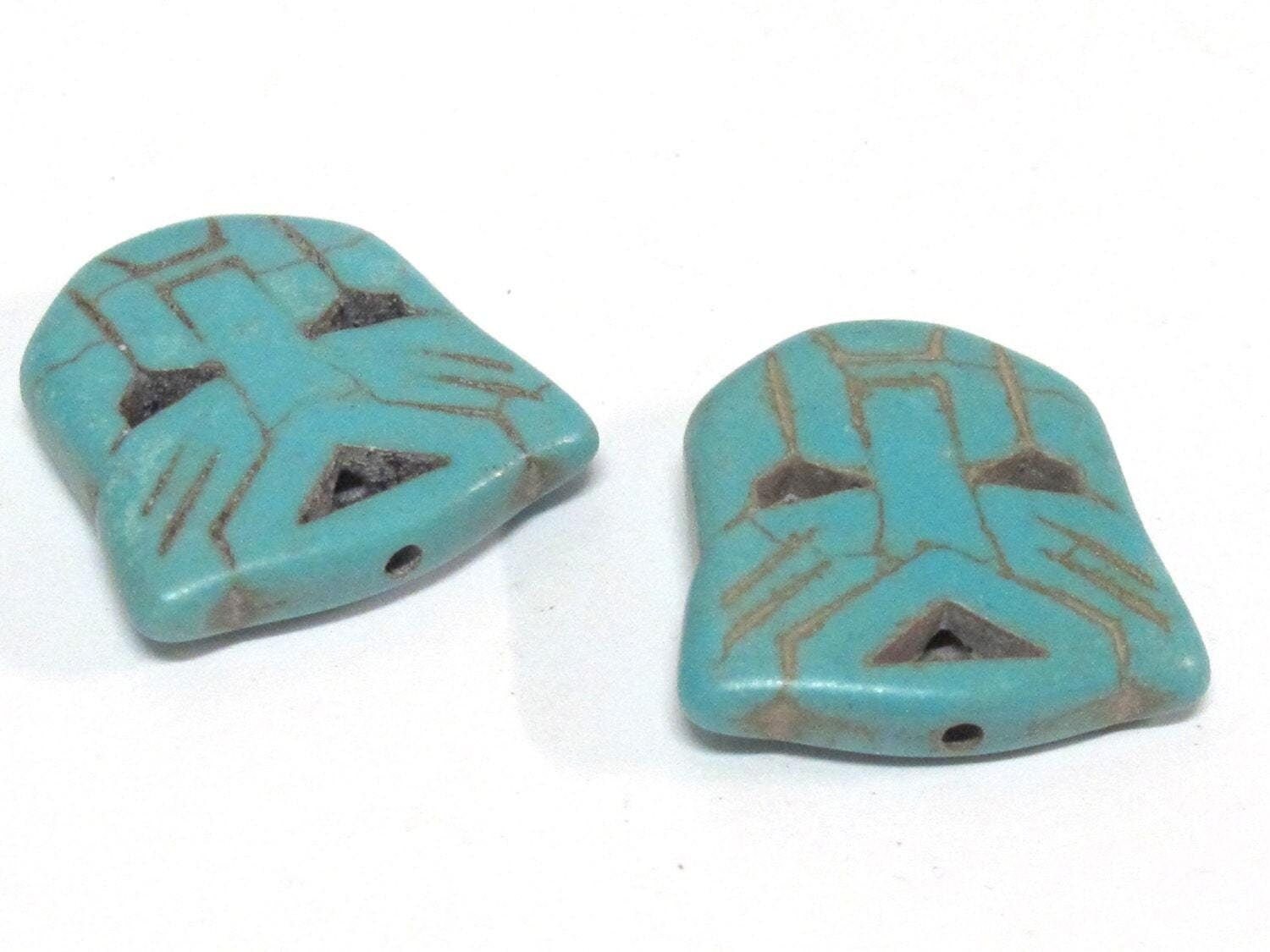 2 Beads - Blue color howlite tribal skull head shape bead - BD003B