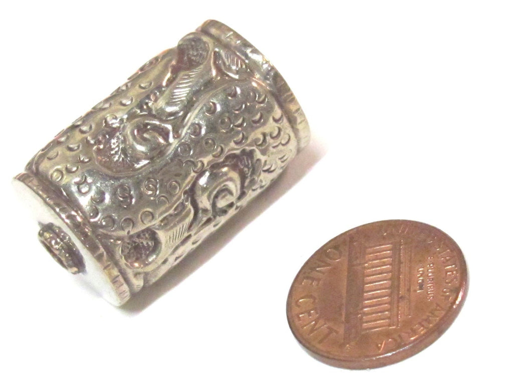 Tibetan silver filigree snake design cylinder focal pendant bead antiqued finish - 1 bead- BD008A