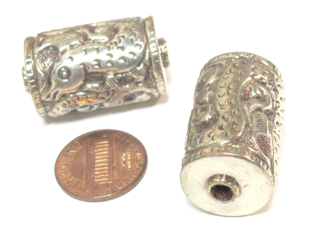 Tibetan silver filigree snake design cylinder focal pendant bead antiqued finish - 1 bead- BD008A