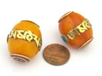 1 Bead - Large thick Tibetan copal resin Om mantra bead with brass , turquoise and inlay - BD678
