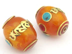 1 Bead - Large thick Tibetan copal resin Om mantra bead with brass , turquoise and inlay - BD678