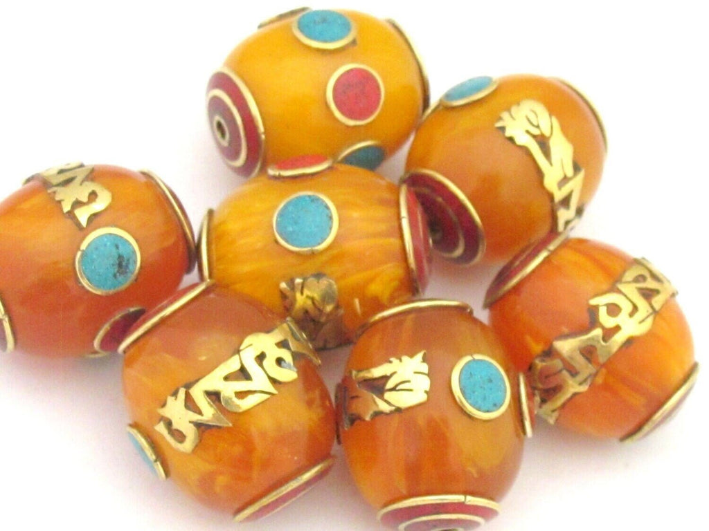 1 Bead - Large thick Tibetan copal resin Om mantra bead with brass , turquoise and inlay - BD678