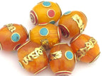 1 Bead - Large thick Tibetan copal resin Om mantra bead with brass , turquoise and inlay - BD678