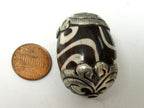 1 BEAD- Thick Large Tibetan silver capped etched dzi design bone bead - BD607