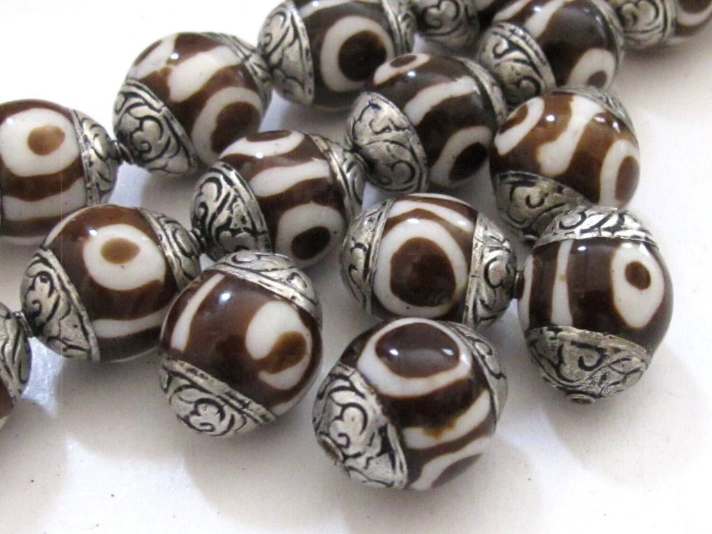 2 BEADS - Tibetan silver capped batik dzi design bone bead - BD522A