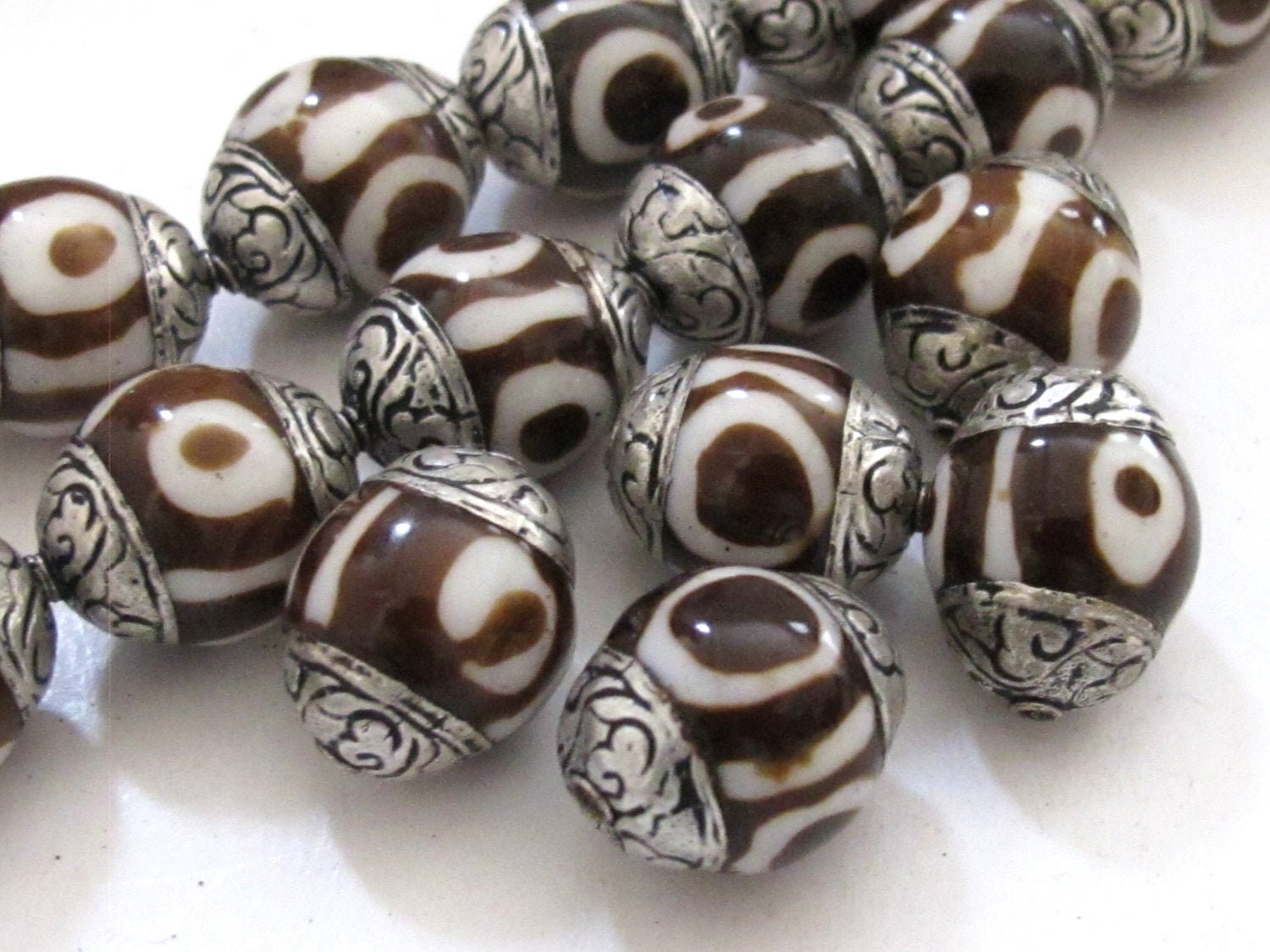 2 BEADS - Tibetan silver capped batik dzi design bone bead - BD522A