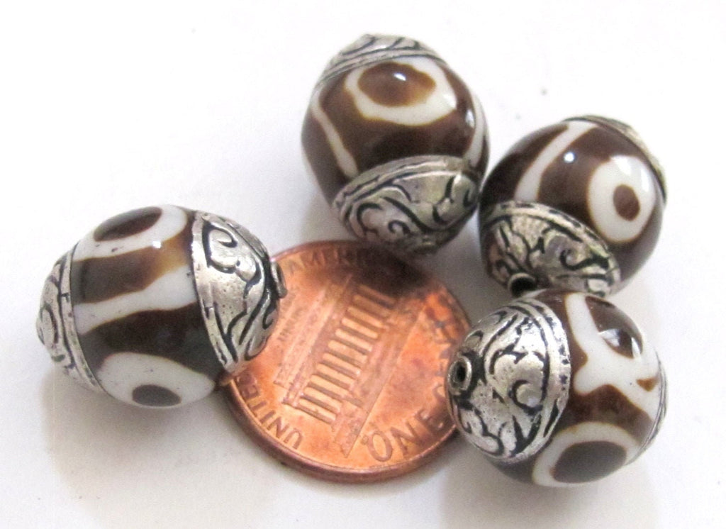2 BEADS - Tibetan silver capped batik dzi design bone bead - BD522A