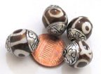 2 BEADS - Tibetan silver capped batik dzi design bone bead - BD522A