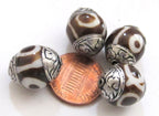 2 BEADS - Tibetan silver capped batik dzi design bone bead - BD522A