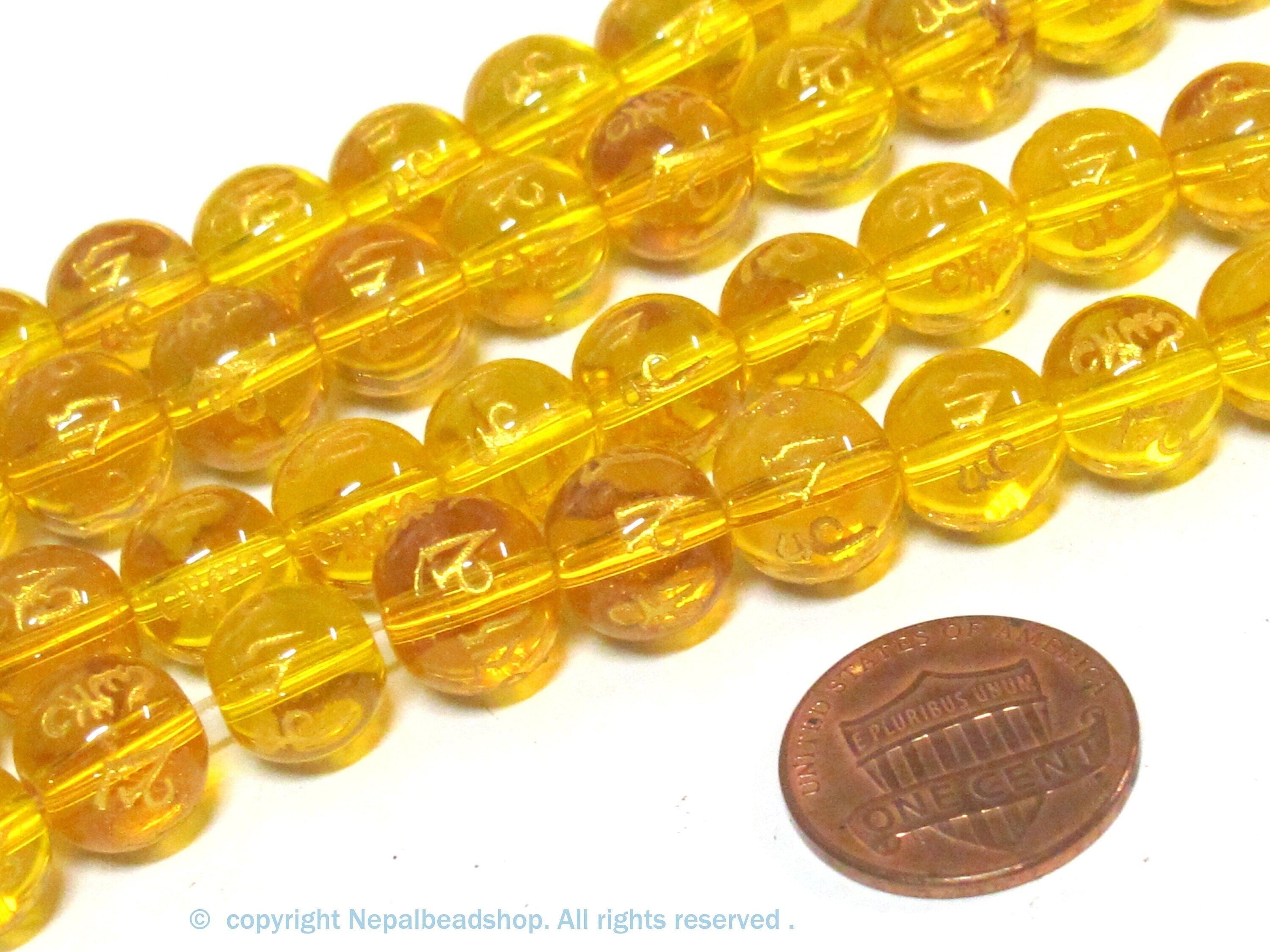 4 Beads-Tibetan om mantra etched honey yellow color quartz beads 10 mm - GM227K