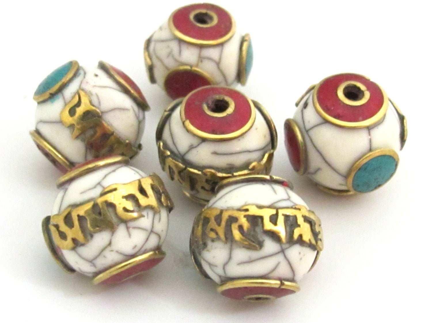 2 Beads - Tibetan beads white crackle resin Om mantra bead with brass , turquoise and coral inlay - BD696