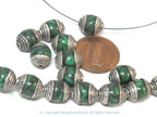 10 Beads - Tibetan silver tone capped green synthetic malachite gemstone beads from Nepal 8-9 mm thick x 9 -11 mm long - BD976Ax