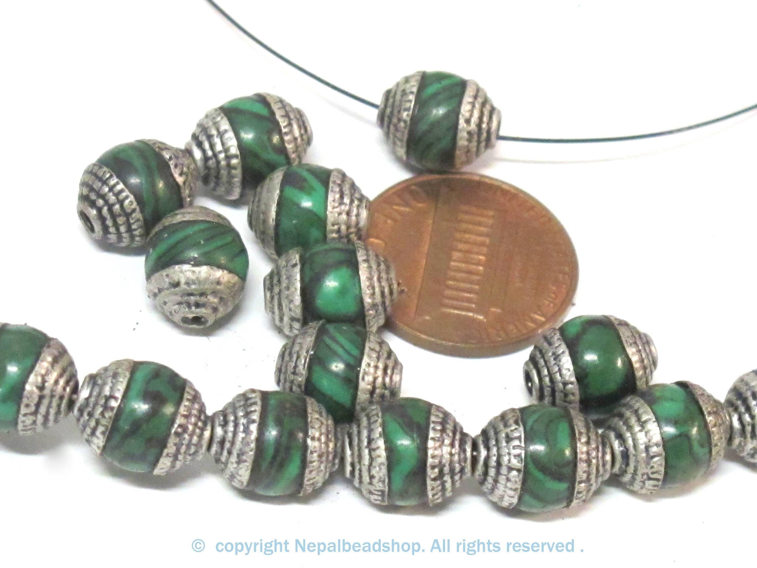 10 Beads - Tibetan silver tone capped green synthetic malachite gemstone beads from Nepal 8-9 mm thick x 9 -11 mm long - BD976Ax