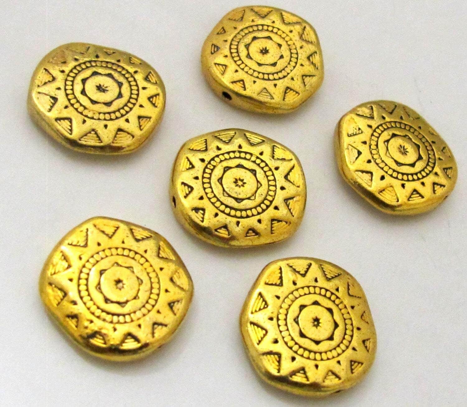 4 Beads - 18 mm wide Large disc shape antiqued golden color dual sided sun chakra design beads - BD786