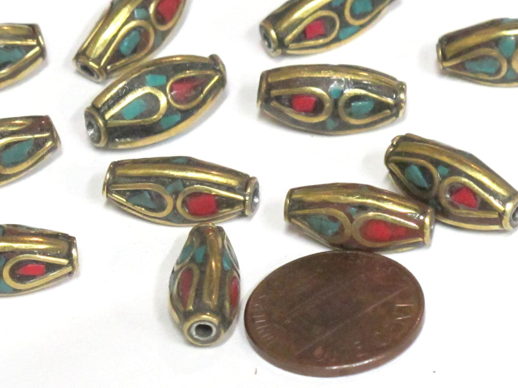 2 Beads - Bicone brass beads from Nepal with turquoise coral inlay - BD979