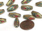 2 Beads - Bicone brass beads from Nepal with turquoise coral inlay - BD979