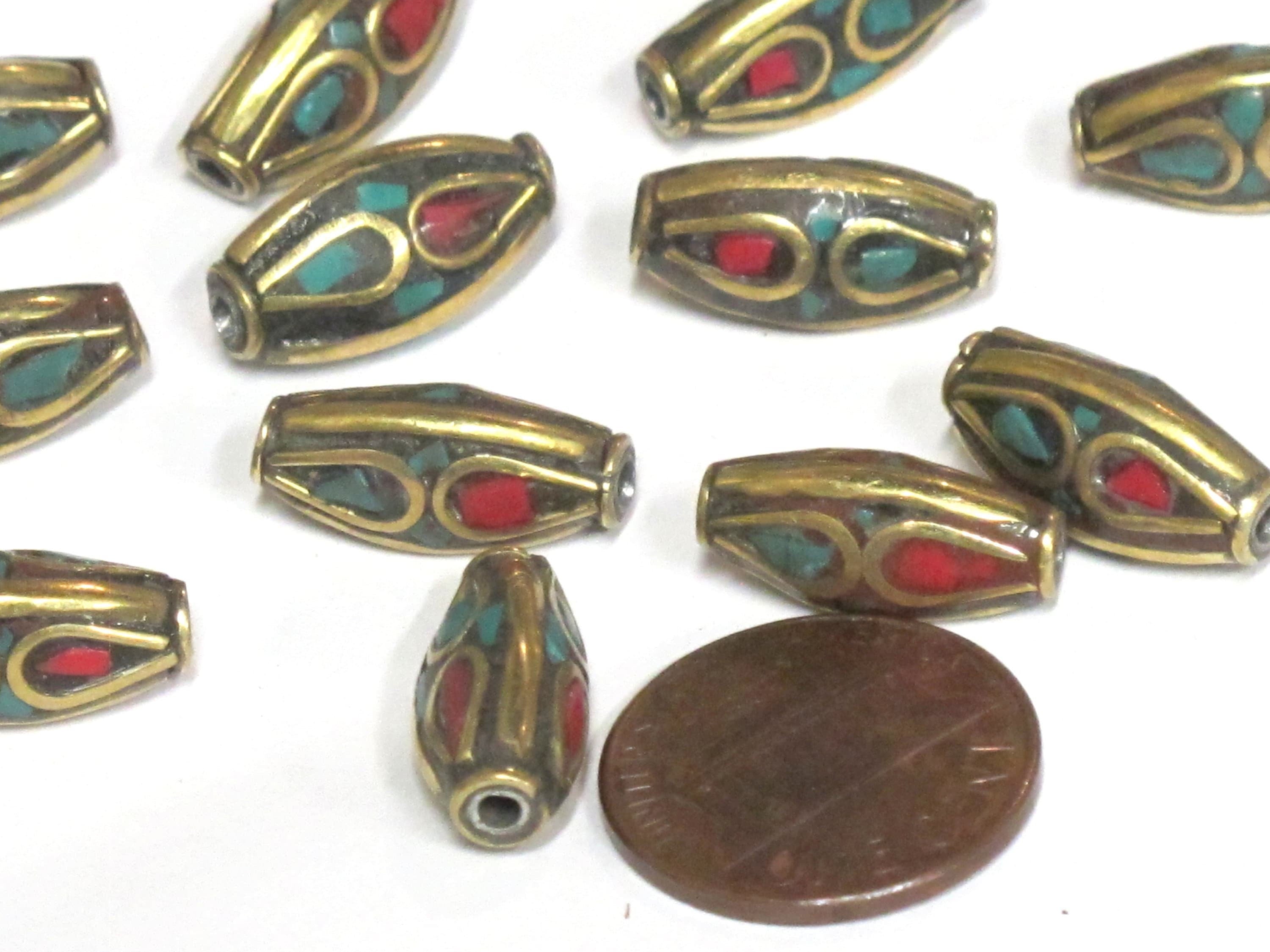 2 Beads - Bicone brass beads from Nepal with turquoise coral inlay - BD979