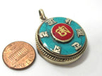 Round Tibetan Ghau prayer box Om pendant with turquoise inlay - PM524