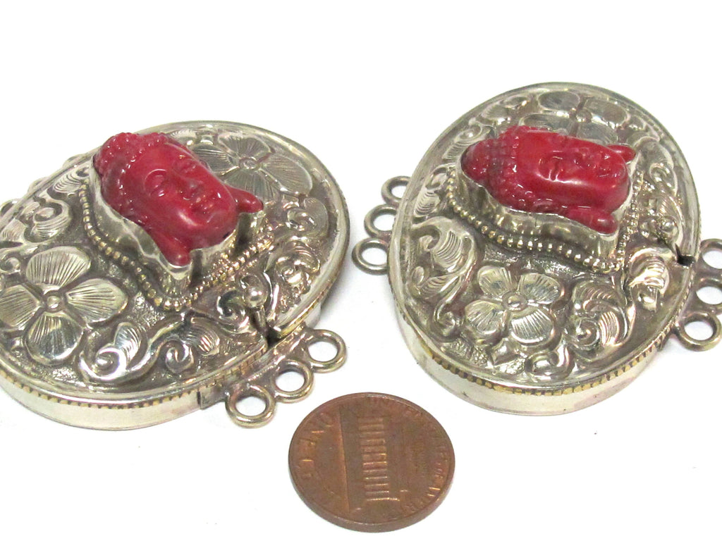 1 clasp - Large oval shape ethnic Tibetan silver finish red buddha box clasp pendant from Nepal - LN039B