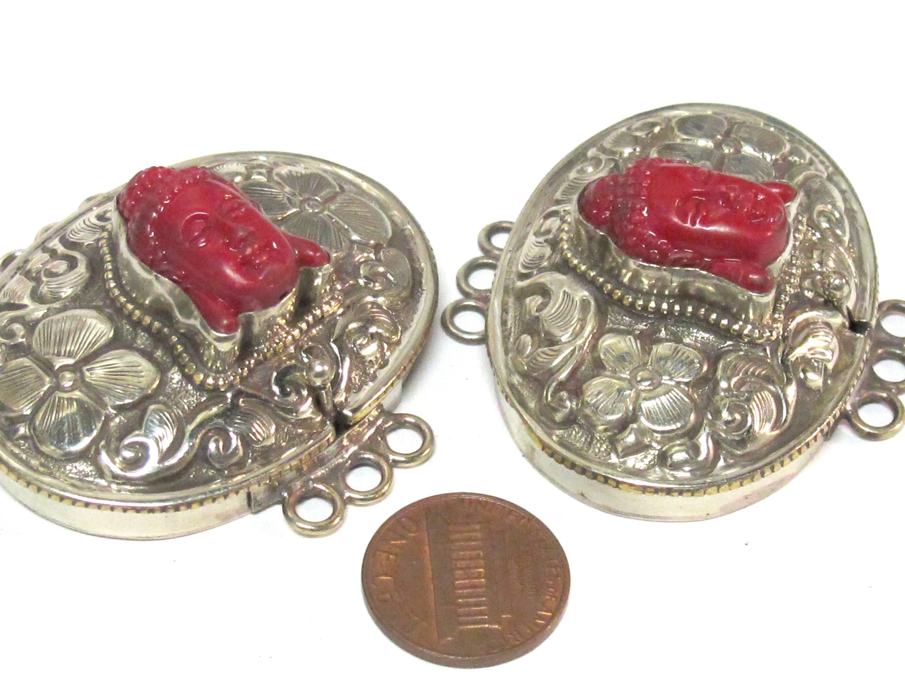 1 clasp - Large oval shape ethnic Tibetan silver finish red buddha box clasp pendant from Nepal - LN039B
