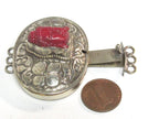 1 clasp - Large oval shape ethnic Tibetan silver finish red buddha box clasp pendant from Nepal - LN039B
