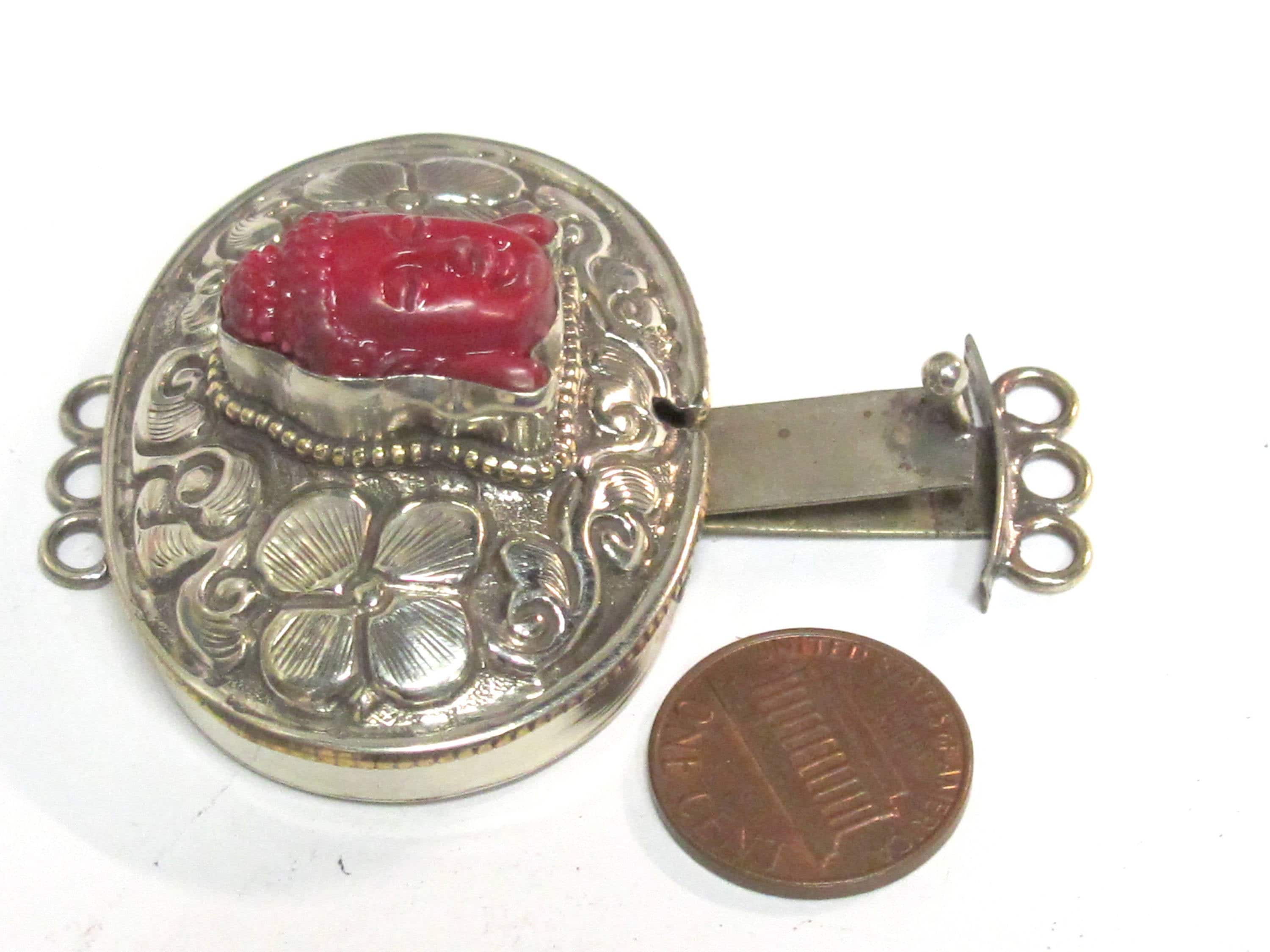 1 clasp - Large oval shape ethnic Tibetan silver finish red buddha box clasp pendant from Nepal - LN039B