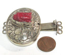 1 clasp - Large oval shape ethnic Tibetan silver finish red buddha box clasp pendant from Nepal - LN039B