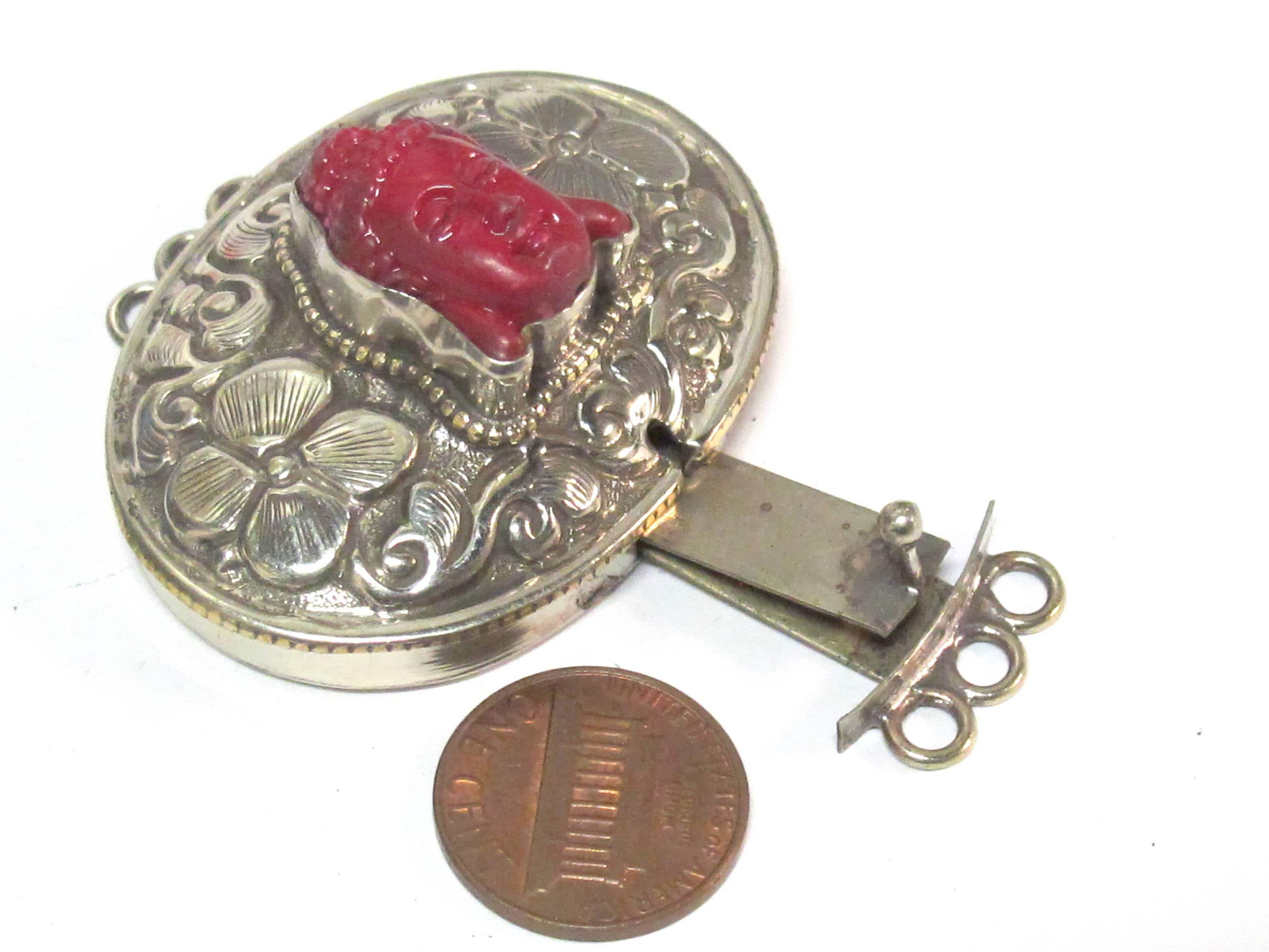 1 clasp - Large oval shape ethnic Tibetan silver finish red buddha box clasp pendant from Nepal - LN039B