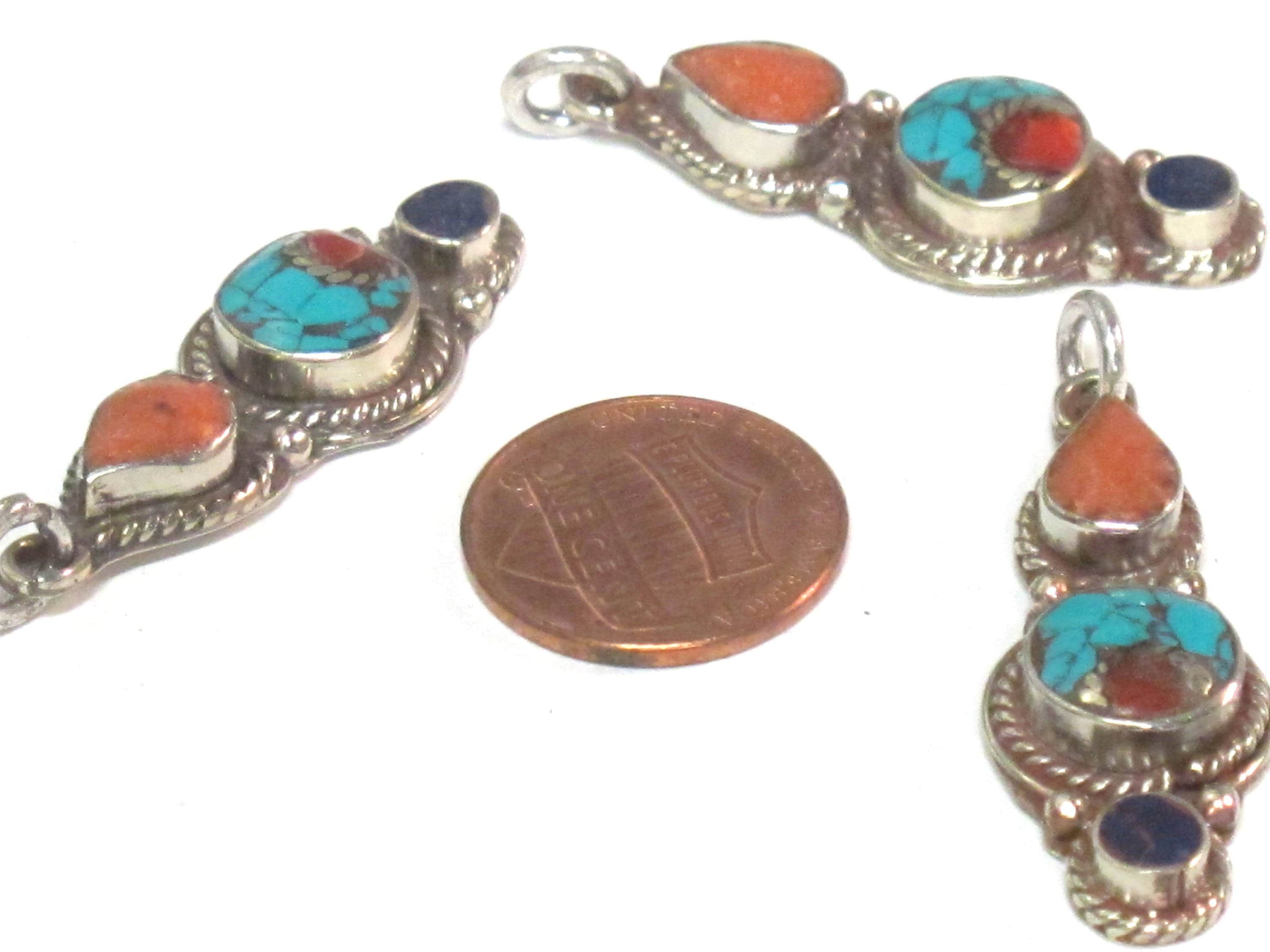 1 pendant - Small linear drop shape Tibetan silver charm pendant with mosaic turquoise coral lapis inlay - PM575A