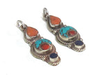 1 pendant - Small linear drop shape Tibetan silver charm pendant with mosaic turquoise coral lapis inlay - PM575A
