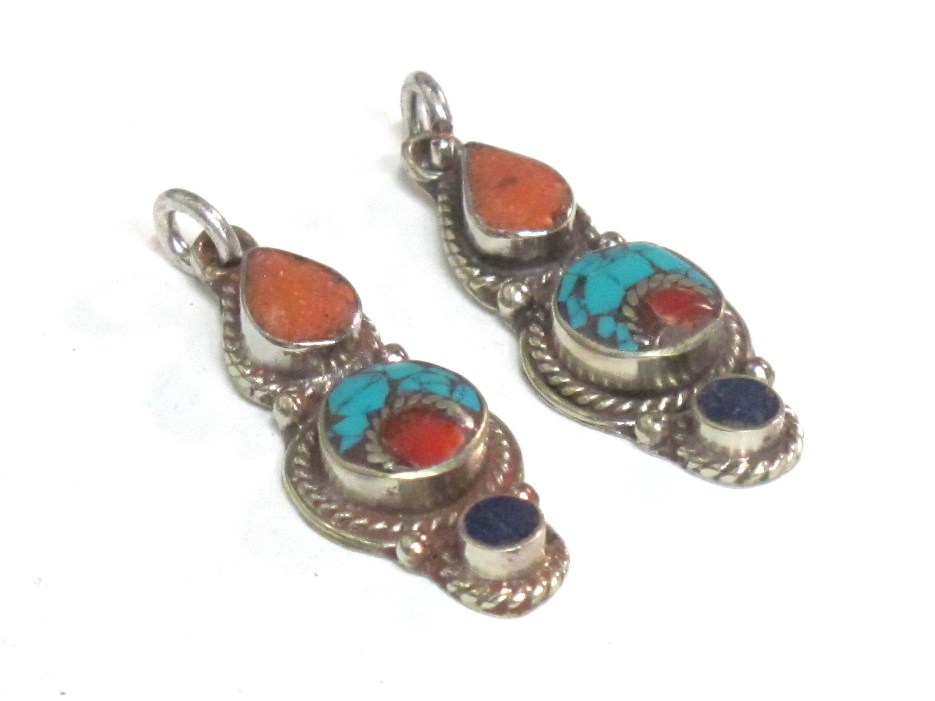 1 pendant - Small linear drop shape Tibetan silver charm pendant with mosaic turquoise coral lapis inlay - PM575A