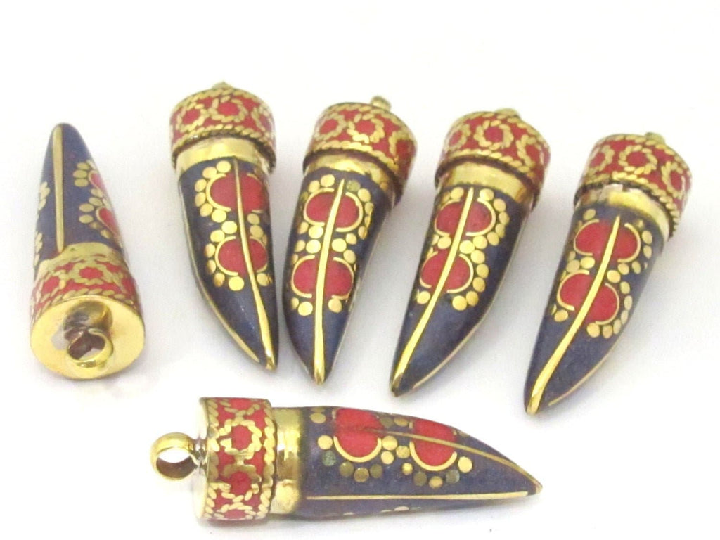 1 Pendant - Tibetan horn tusk shape lapis coral inlaid Brass pendant with dotted sun design - PM405A