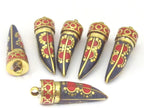 1 Pendant - Tibetan horn tusk shape lapis coral inlaid Brass pendant with dotted sun design - PM405A