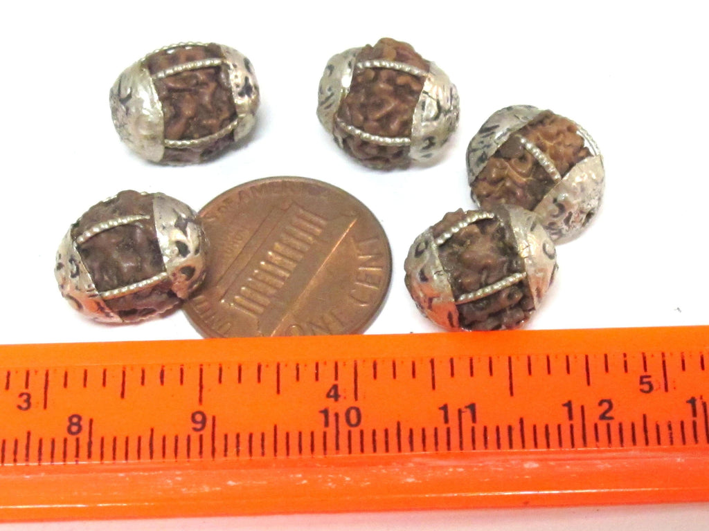 10 Beads - Nepal Rudraksha mala making beads encased in tibetan silver floral cap grooved wire inlaid melon design bead - NB058B