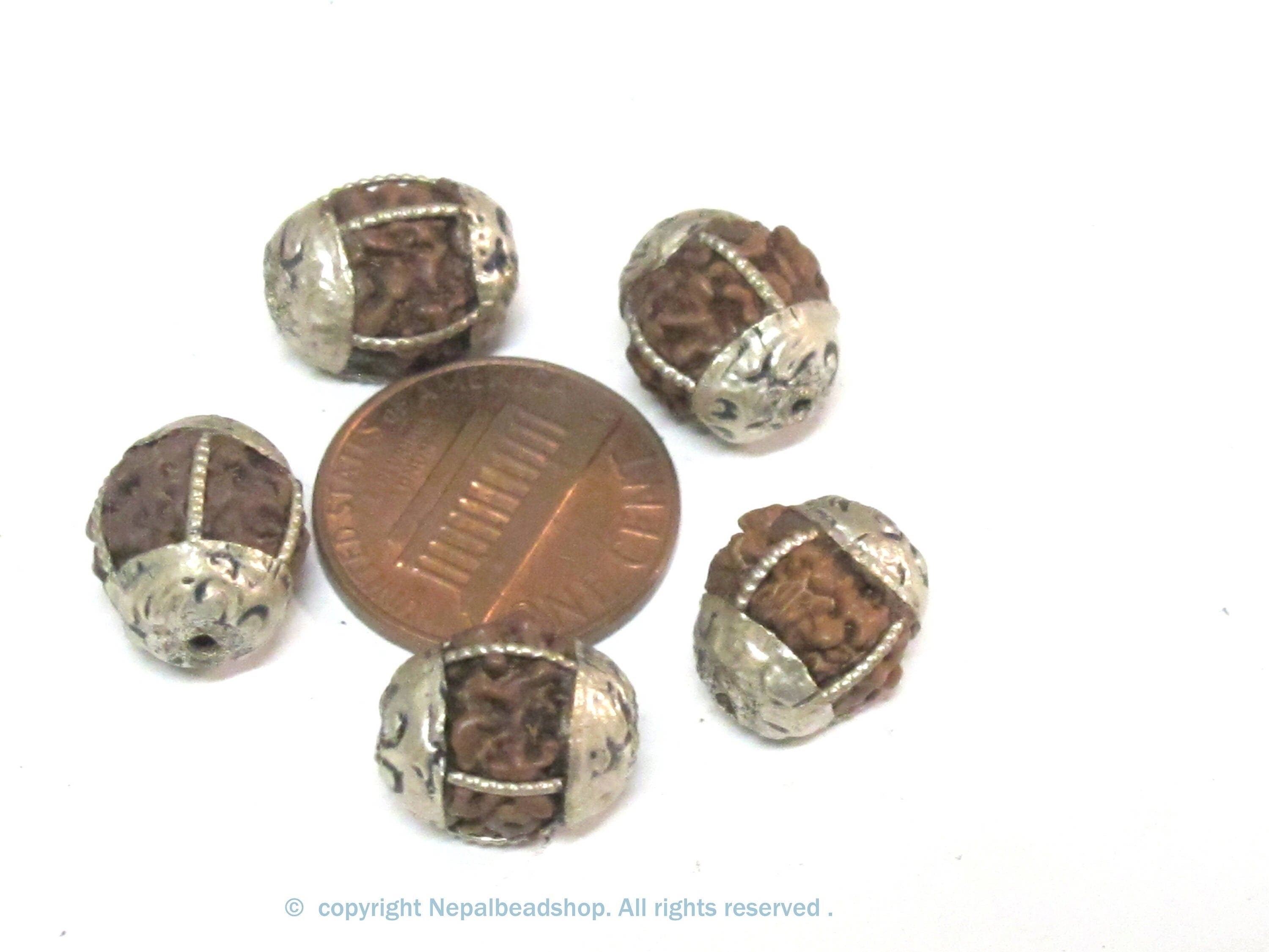 10 Beads - Nepal Rudraksha mala making beads encased in tibetan silver floral cap grooved wire inlaid melon design bead - NB058B